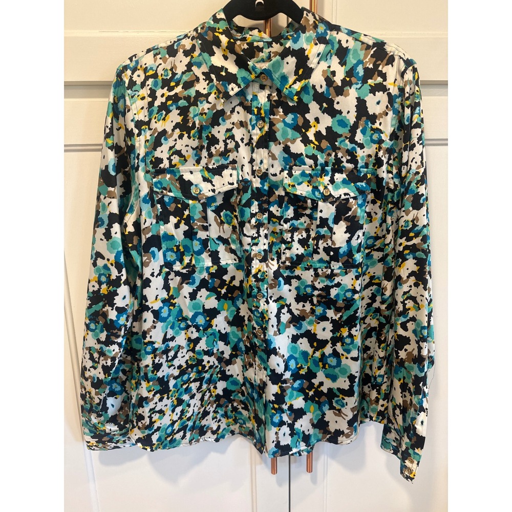 Charter Club Women Sz 14 Abstract Floral Button Down Blouse Teal plus size boho